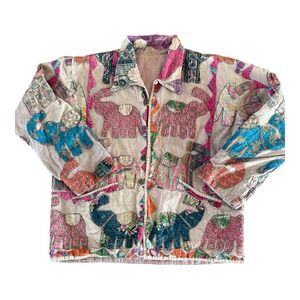 Handmade Jacket Size Large ‎ Mauve Purple Embroidered Elephants Blazer Cotton